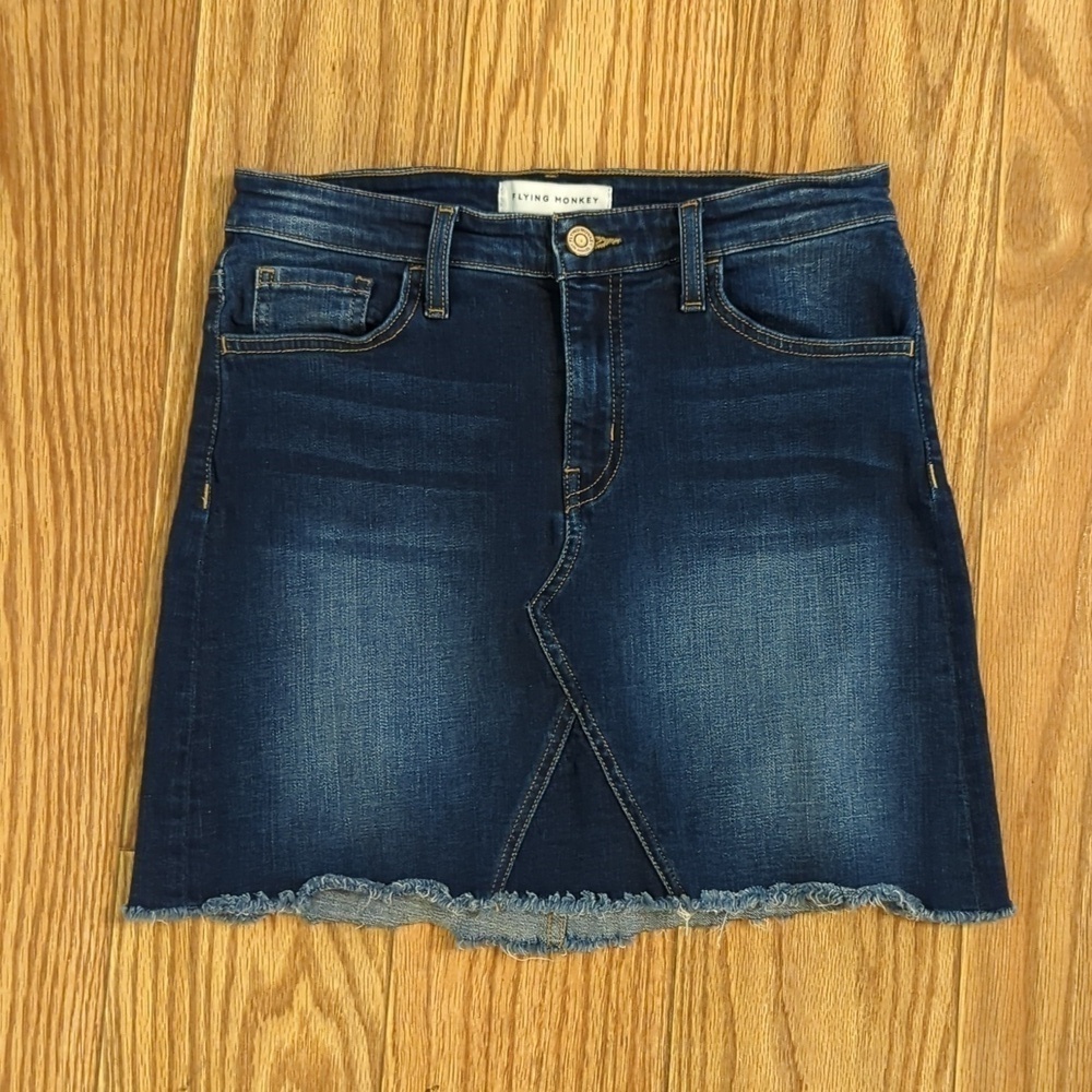 Dark wash denim blue jean mini skirt with frayed hem, Flying Monkey 28
